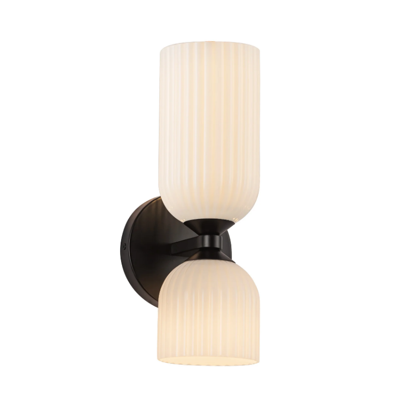 Alora Mood WV442612 Nelly 2-lt 12" Tall Vanity Light - Matte Black/Glossy Opal Ribbed Glass