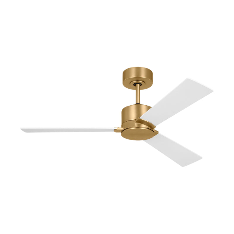 Visual Comfort Rozzen 44" Ceiling Fan, Damp Location - Burnished Brass with Matte White Blades