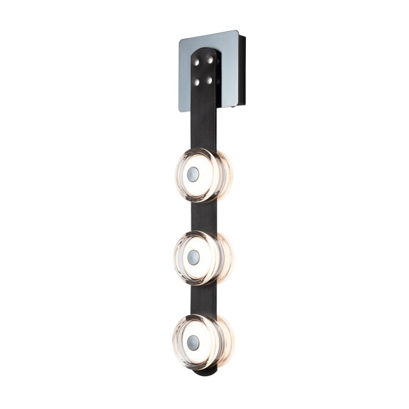 Hubbardton Forge 402032 SNAPS 3-lt 25" Tall LED Wall Sconce - Sterling/Leather Black/Pressed Glass