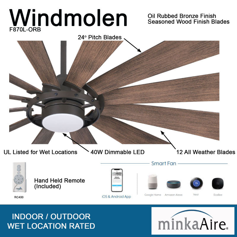 Minka Aire F870L Windmolen 65" Smart Ceiling Fan with LED Light Kit