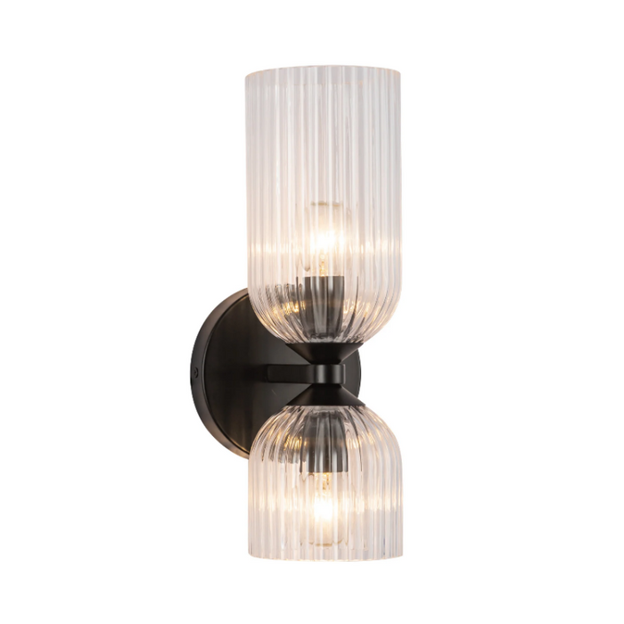 Alora Mood WV442612 Nelly 2-lt 12" Tall Vanity Light - Matte Black/Clear Ribbed Glass