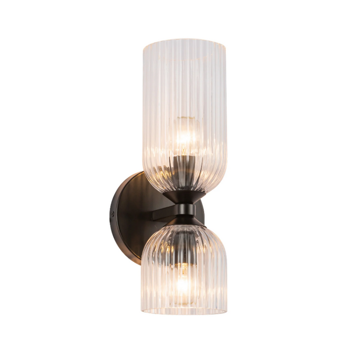 Alora Mood WV442612 Nelly 2-lt 12" Tall Vanity Light - Matte Black/Clear Ribbed Glass