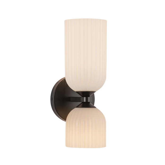 Alora Mood WV442612 Nelly 2-lt 12" Tall Vanity Light - Matte Black/Glossy Opal Ribbed Glass