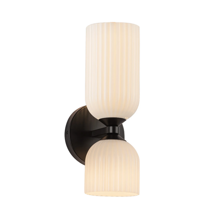 Alora Mood WV442612 Nelly 2-lt 12" Tall Vanity Light - Matte Black/Glossy Opal Ribbed Glass