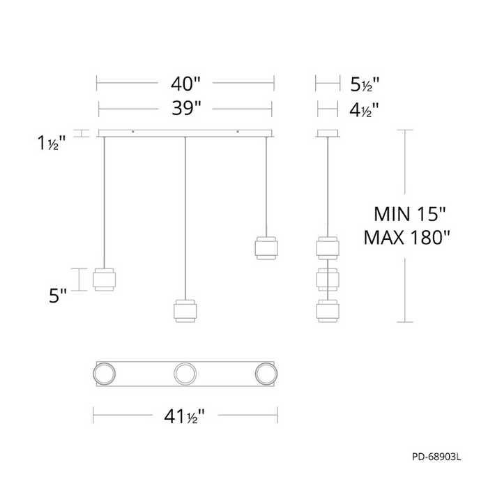 dweLED PD-68903L Banded 3-lt 42" LED Multi Light Pendant, CCT Selectable