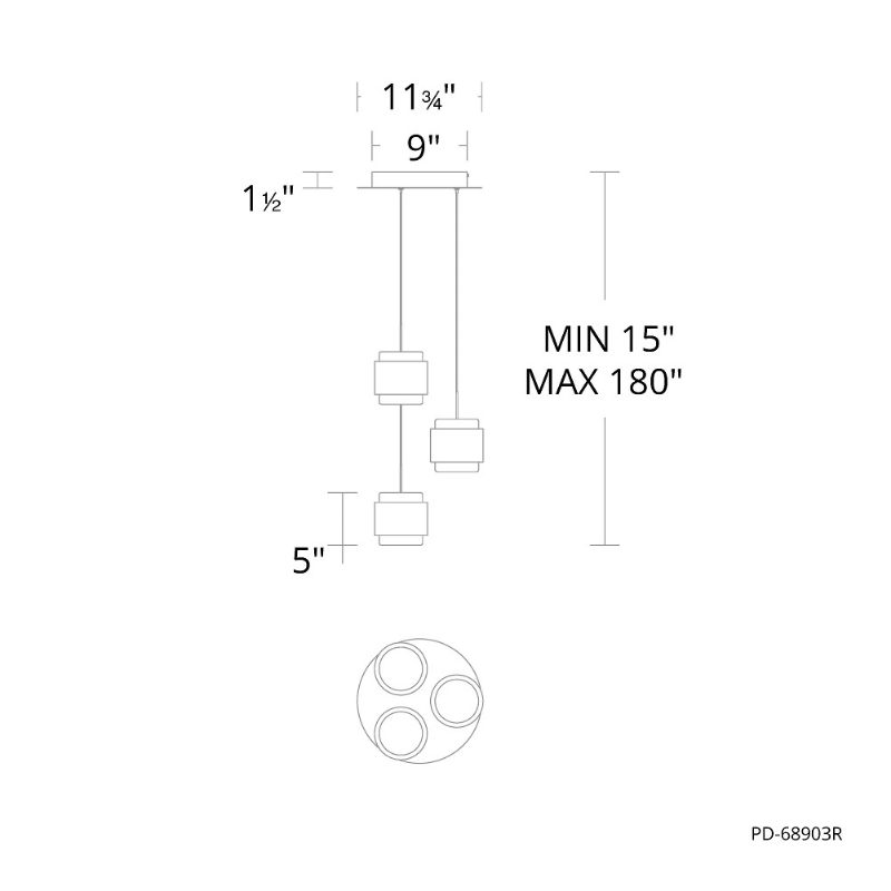 dweLED PD-68903R Banded 3-lt 12" LED Multi Light Pendant, CCT Selectable