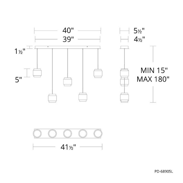 dweLED PD-68905L Banded 5-lt 42" LED Multi Light Pendant, CCT Selectable