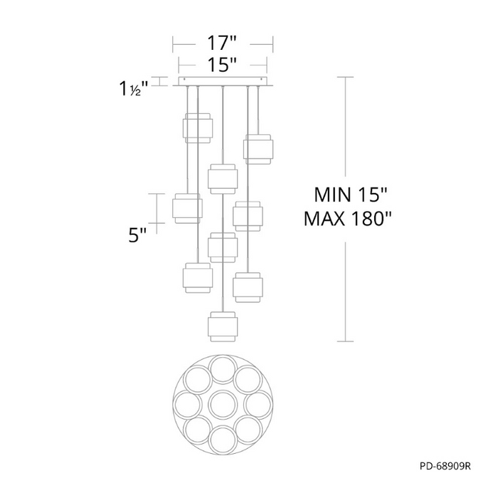 dweLED PD-68909R Banded 9-lt 17" LED Multi Light Pendant, CCT Selectable