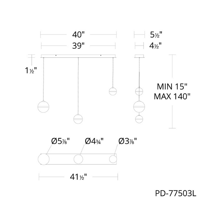 dweLED PD-77503L Cyllindra 3-lt 42" LED Multi Light Pendant, CCT Selectable