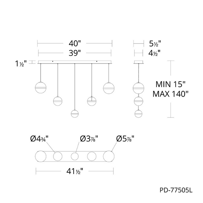 dweLED PD-77505L Cyllindra 5-lt 42" LED Multi Light Pendant, CCT Selectable
