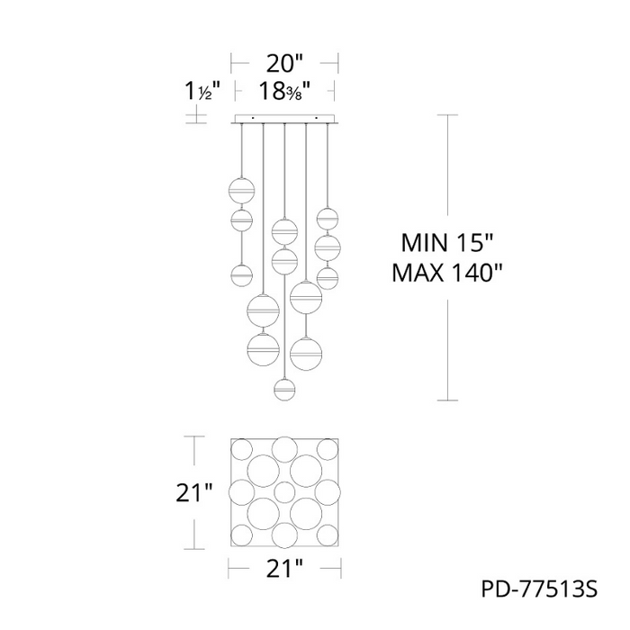 dweLED PD-77513S Cyllindra 13-lt 21" LED Multi Light Pendant, CCT Selectable
