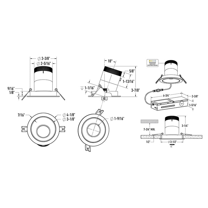 Dals RC03-CC Versa 3" Modular Recessed Downlight, 5CCT Selectable, Slope Ceiling, Trimless