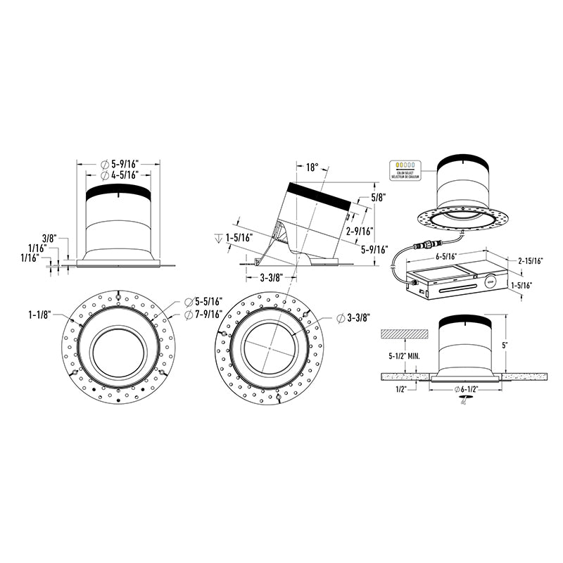 Dals RC06-CC Versa 6" Modular Recessed Downlight, 5CCT Selectable, Slope Ceiling, Trimless