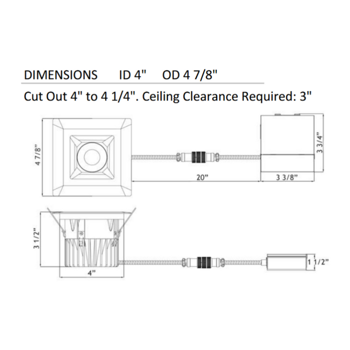 Lotus LD4S-HO 4" 18W LED Square Deep Regressed Plenum Rated Downlight, Dim to Warm 3000-1800K