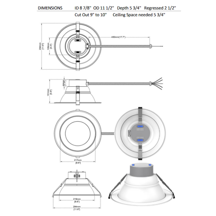 Lotus DL254-10-40W 10" 22W/26W/30W/35W/40W LED Round Commercial Recessed Downlight, 5CCT Selectable