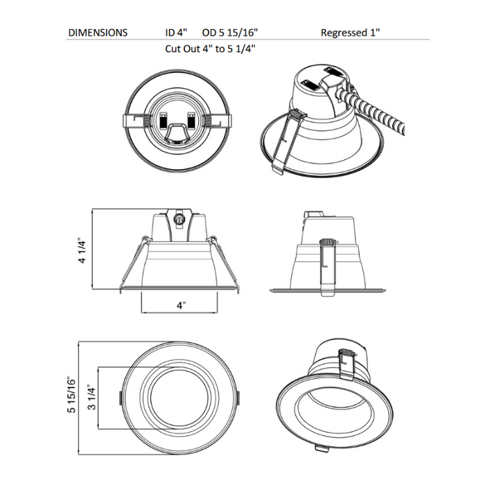 Lotus TP120-347-RT4 4" 5.5W/8W/12W LED Round Commercial Recessed Downlight, 3CCT Selectable