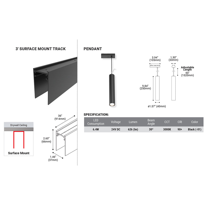 Eurofase 38453 3-ft Surface Mount w/ Pendant