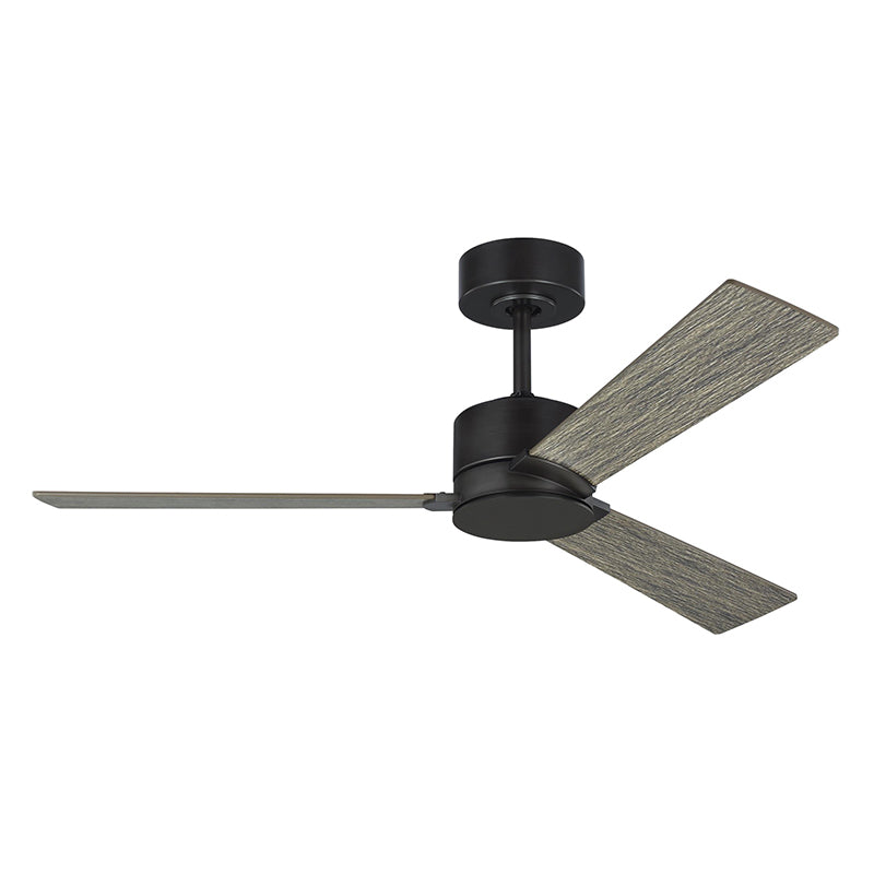 Visual Comfort Rozzen 44" Ceiling Fan, Damp Location - Aged Pewter with Light Grey Weathered Oak Blades