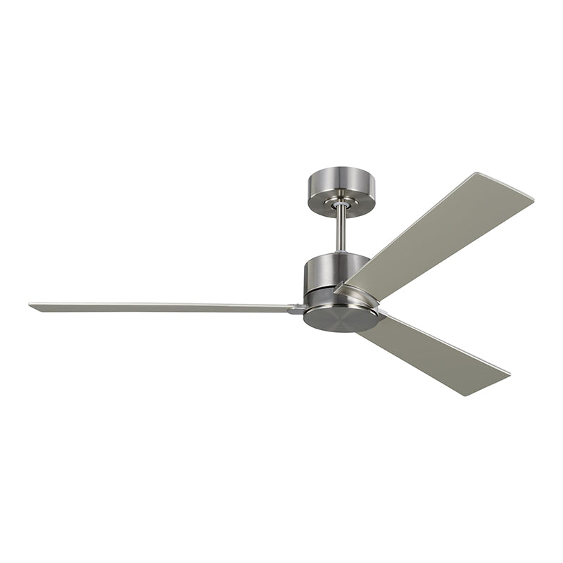 Visual Comfort Rozzen 52" Ceiling Fan, Damp Location - Brushed Steel with Silver/American Walnut reversible Blades