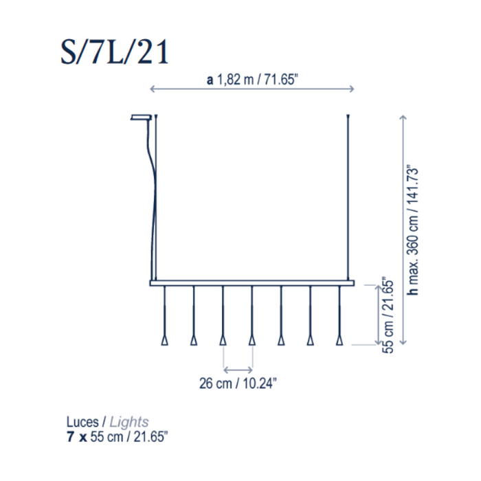 Bover Skybell Linear S/7L/21 7-lt 72" LED Pendant, Down Light