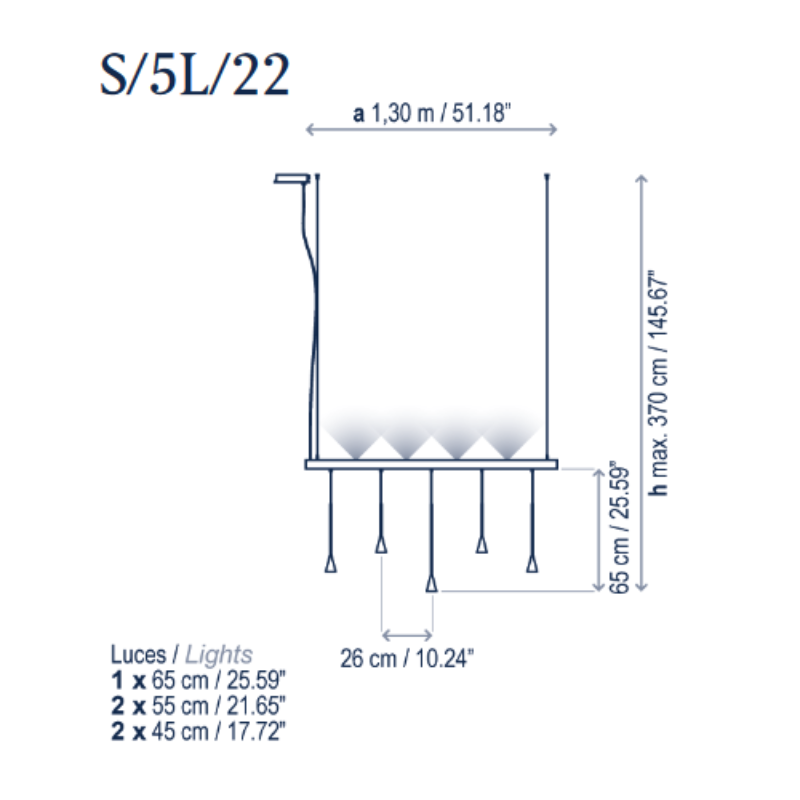 Bover Skybell Linear S/5L/22 5-lt 51" LED Pendant, Up and Down Light