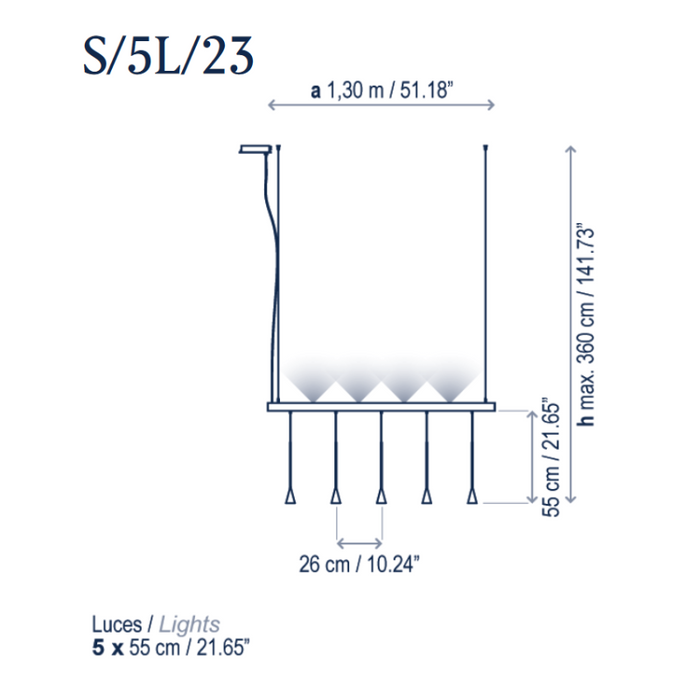 Bover Skybell Linear S/5L/23 5-lt 51" LED Pendant, Up and Down Light