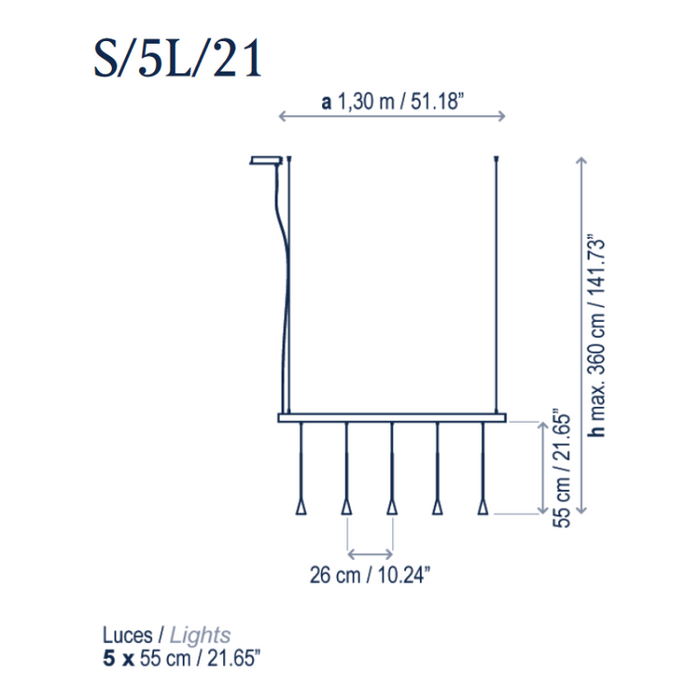 Bover Skybell Linear S/5L/21 5-lt 51" LED Pendant, Down Light