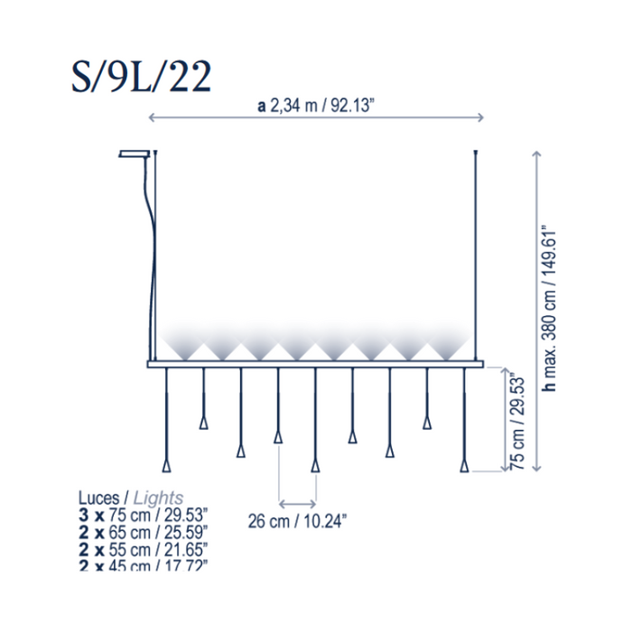 Bover Skybell Linear S/9L/22 9-lt 92" LED Pendant, Up and Down Light
