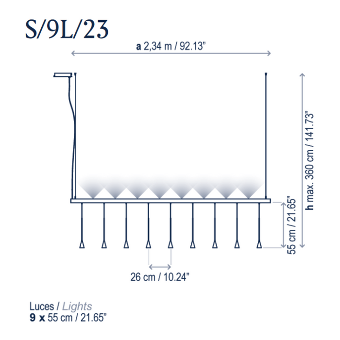Bover Skybell Linear S/9L/23 9-lt 92" LED Pendant, Up and Down Light