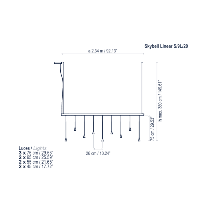 Bover Skybell Linear S/9L/20 9-lt 92" LED Pendant, Down Light