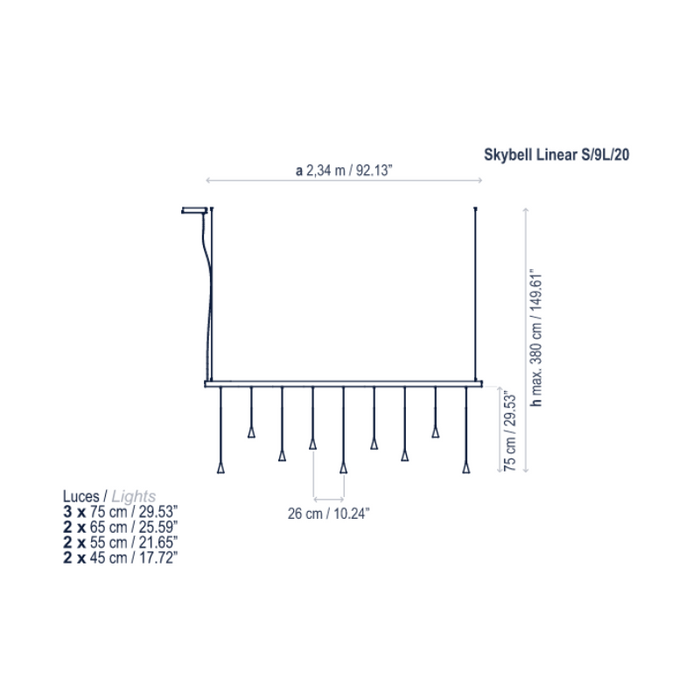 Bover Skybell Linear S/9L/20 9-lt 92" LED Pendant, Down Light