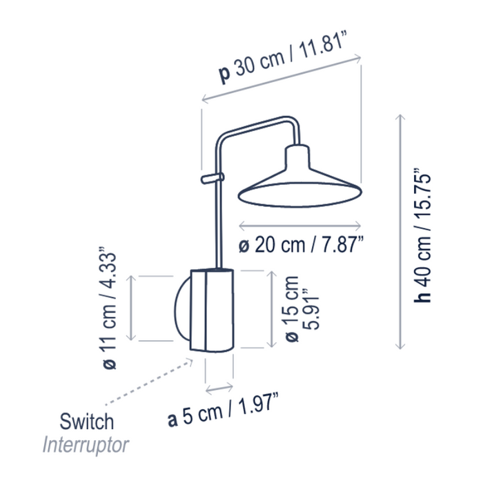 Bover Platet A/02 1-lt 16" Tall LED Wall Sconce, Switch LED