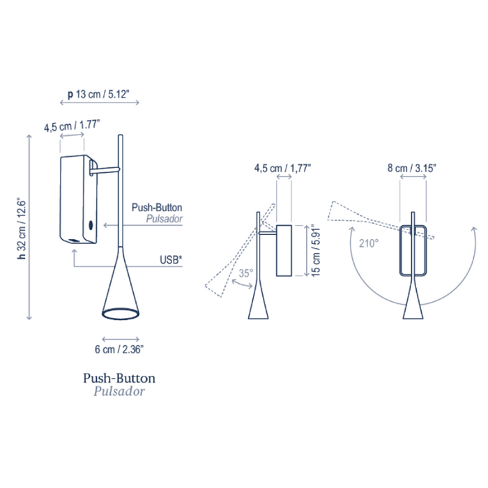 Bover Skybell Plus A/01 1-lt 13" Tall LED Wall Sconce, USB