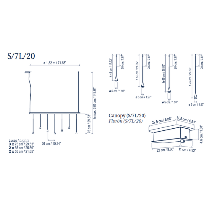 Bover Skybell Linear S/7L/20 7-lt 72" LED Pendant, Down Light